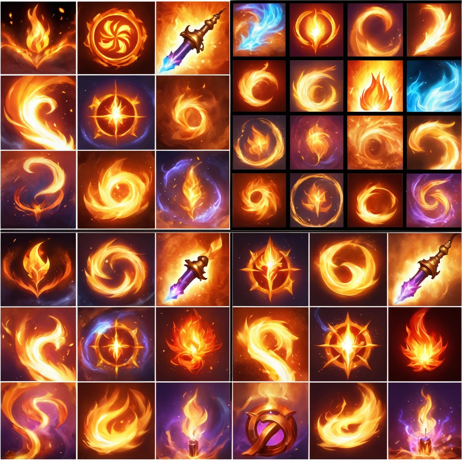 Close up of a set of different fire images, holy fire spell art, Game Icon资产, Fantasy game spell icons, Firepower, Mysterious art style, Game Icon, magic spells and weapons, Fantasy game spell symbols, Game Icon风格化, Skill competency art, Glowing energy effect, Firepower fire swirling, holy fire spell art, cast fire spell