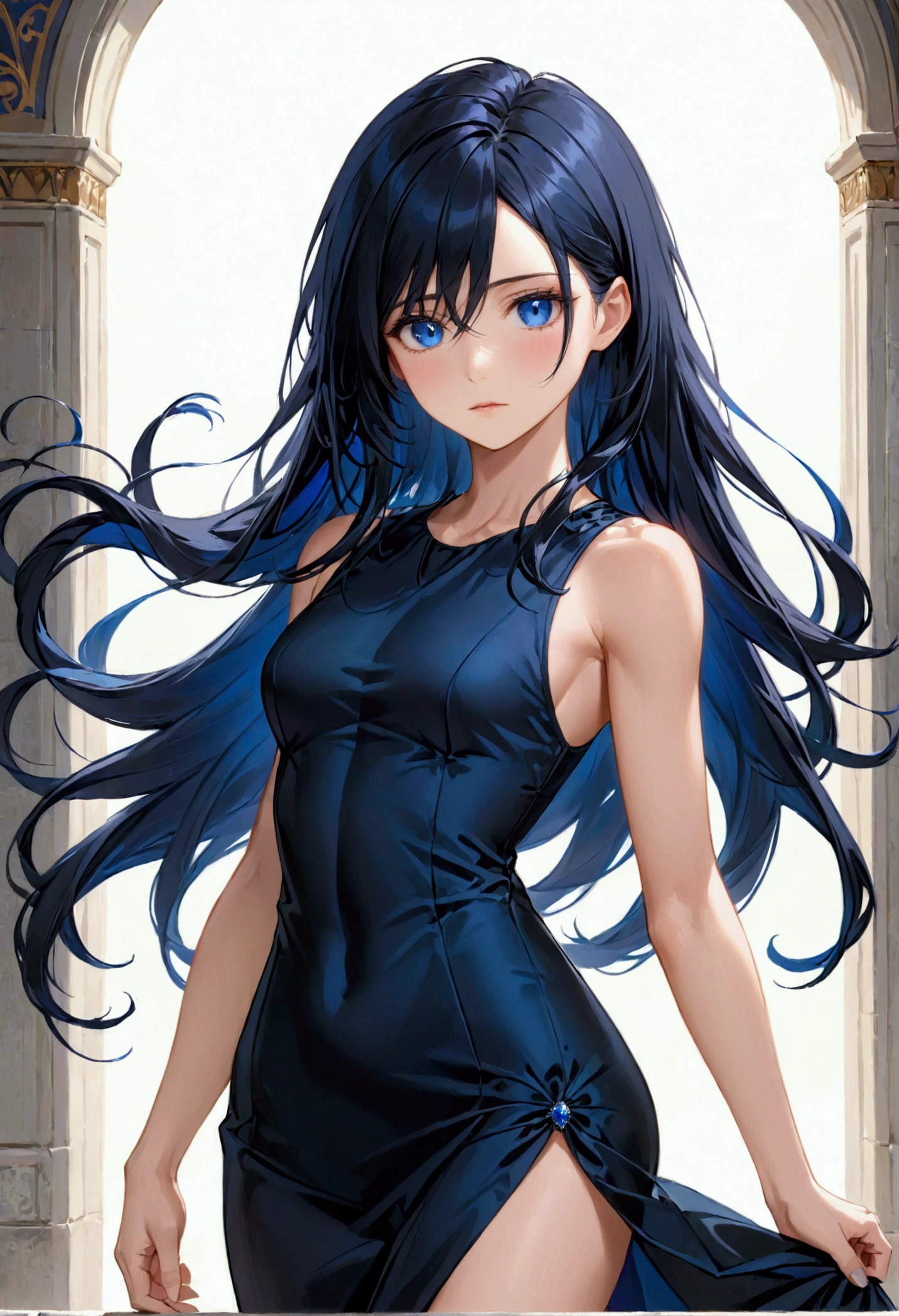 long black hair with inner dark blue hair, dark blue eyes,athletic body, elegant black dress,elegant hair style