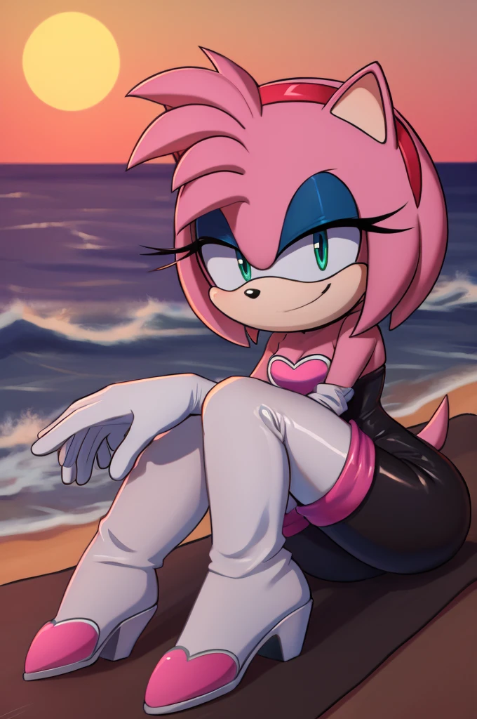 score_9, score_8_up, 2D, flat color, looking at viewer, (1girl), (solo), very detailed, extremely detailed, Amy Rose from the sonic the hedgehog series, portrait, seductive smile, hair down, hair bangs, medium breast, Rouge cosplay, cosplay, she wears a black skin-tight and strapless low-cut jumpsuit, a pink heart-shaped chest plate outlined with thin white trim, elbow-length white gloves and thigh-high high-heeled boots with pink cuffs to match them, with the latter featuring both gray soles and heels, matching her jumpsuit's chest plate, she sits down on a lounge chair on the beach with the ocean waves in a nice sunset, close up, wingless