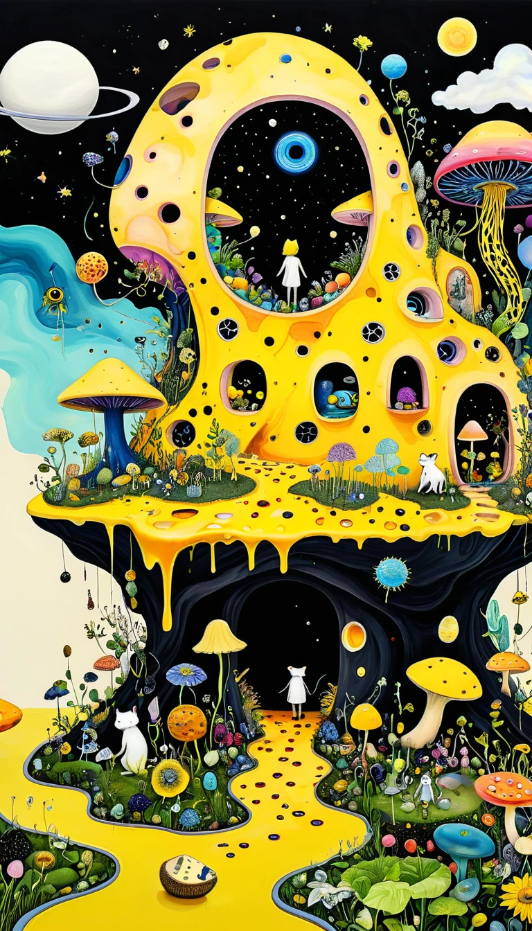 Intense visual fusion of various elements，broto，microorganism、plantar、Cheese house、Eye、wild animal life，Stitching an abstract painting，Describing the inner world of autistic people，Sense of space，blank space，interesting，innocence，psychedelic art，yellow and black,3d