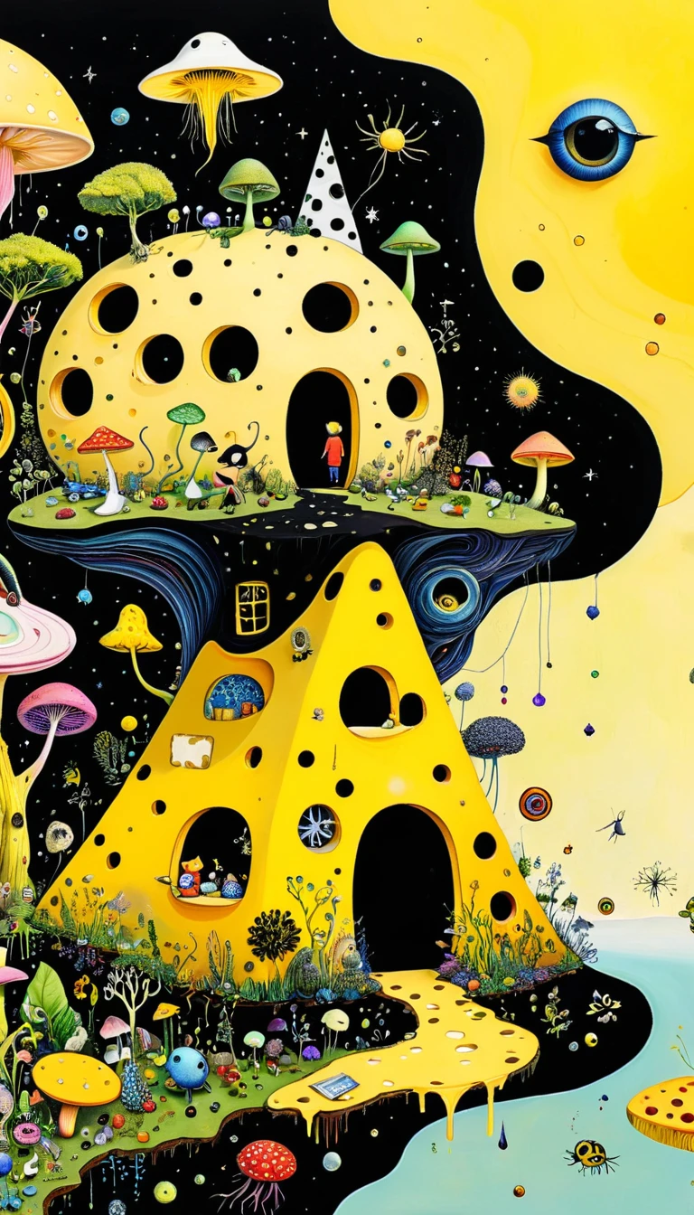 Intense visual fusion of various elements，broto，microorganism、plantar、Cheese house、Eye、wild animal life，Stitching an abstract painting，Describing the inner world of autistic people，Sense of space，blank space，interesting，innocence，psychedelic art，yellow and black,3d