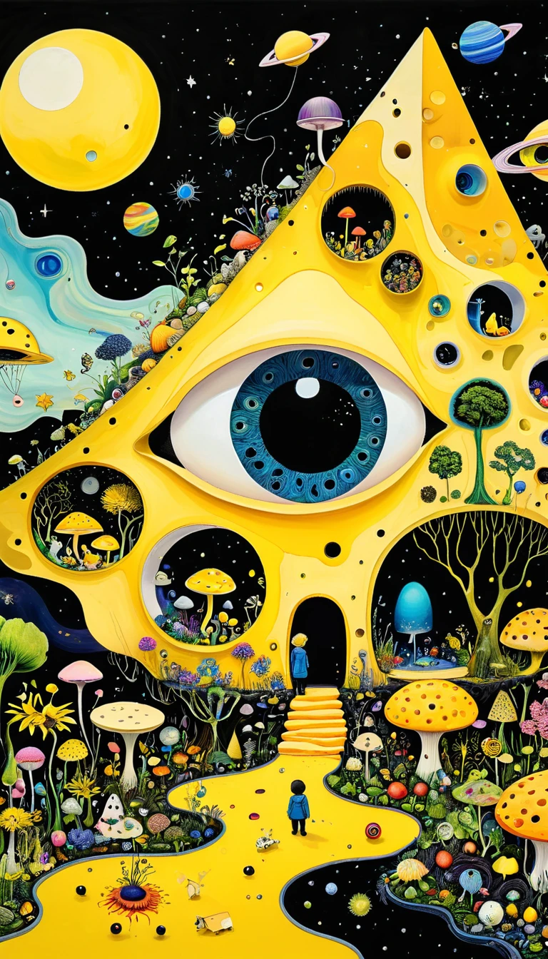 Intense visual fusion of various elements，broto，microorganism、plantar、Cheese house、Eye、wild animal life，Stitching an abstract painting，Describing the inner world of autistic people，Sense of space，blank space，interesting，innocence，psychedelic art，yellow and black,3d