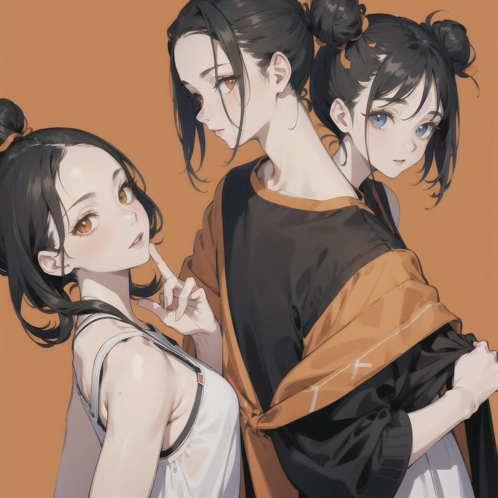2 people,Gemini images,Sets of clothes with different nuances,Black-haired woman, Bun Hair, Twins image,Orange background,Face close-up,Twins