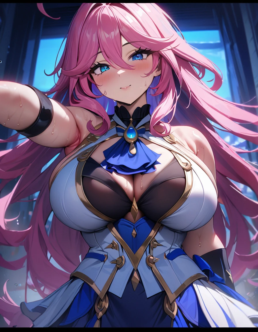 1girl,super huge breasts, pink hair, golden eyes,staring coldly,long hair, body curves, (best quality,4k,highres,masterpiece:1.2),ultra-detailed, dramatic lighting,vibrant colors,cinematic, Furina (genshin impact) outfit, sweaty armpits, bright skin,