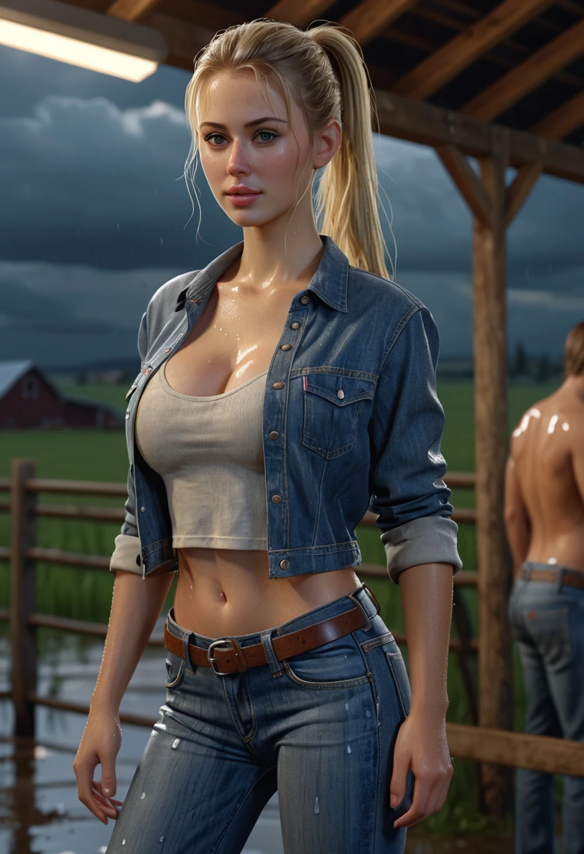 (masterpiece,photorealistic .uhd)farm, ranch, ((night)), cloudy. An ultra hot gorgeous European woman.age 23. Large breast. wet hair, blond hair, single ponytail, natural makeup, ((Casual wet wear, jeans)), character in the middle, standing