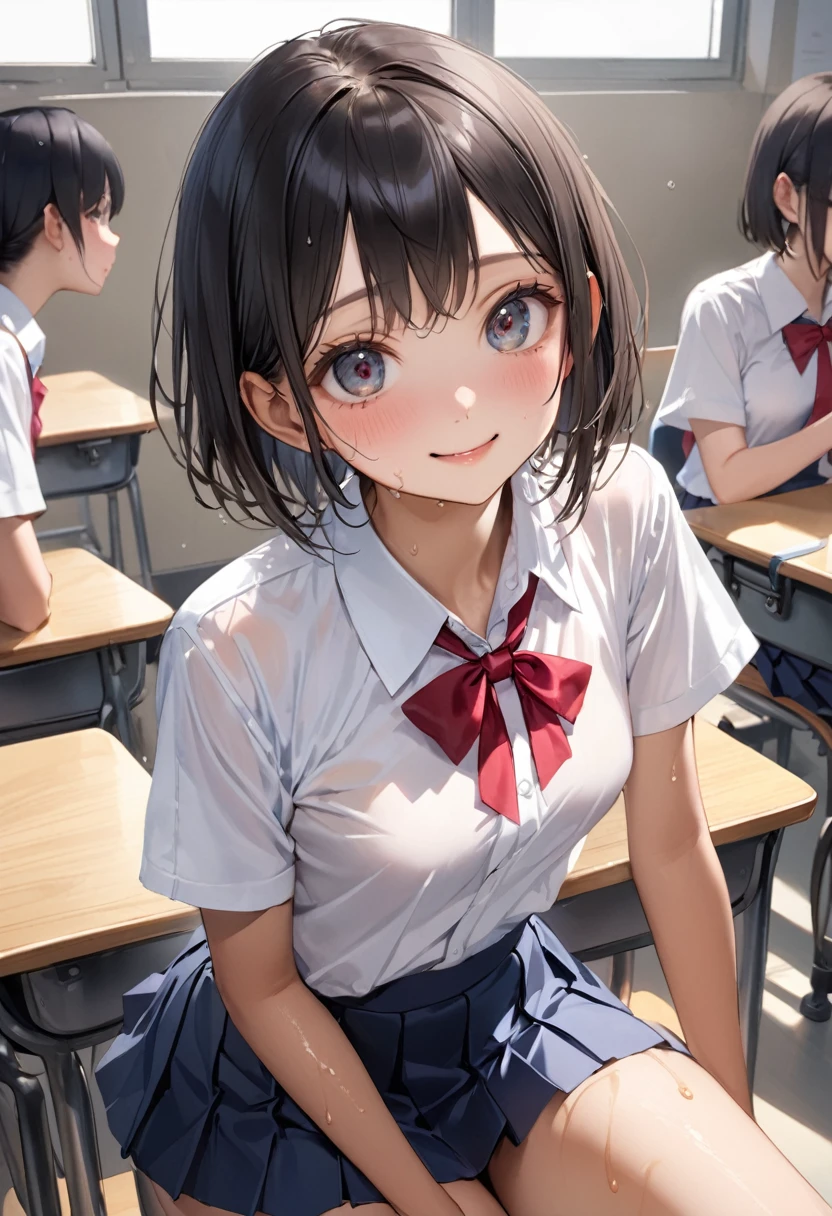 ((realistic)),((masterpiece,Highest quality:1.3,best quality illustration)),cowboy shot,独奏,1woman,18 year old beauty、black hair,short bob hair,bangs,black eyes,(gorgeous big eyes),((very small head:1.3)),smile,((very long body,:1.2,skinny)),((tan skin:1.4)),small breasts,(Collared short-sleeved shirt、redbow,Navy blue pleated mini skirt),gleaming skin,oily skin,slender body,sweat,machine、classroom、School、Tokyo、
