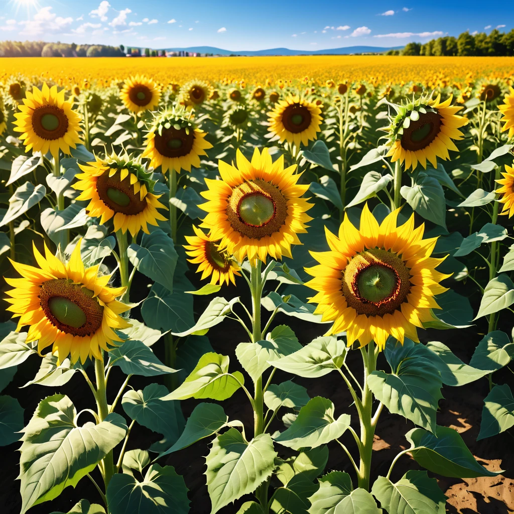 there is a sunflower that is in the middle of a field, color: yellow sunflowers, color : yellow sunflowers, scene: sunflower field, scene : sunflower field, sunflower field, sunflowers, sunflower, field of sunflowers, sunflower background, beautiful sunny day, Sunflower flowers, on a sunny day, Clear sky, sunny day, Bright sunny summer day, sunny day