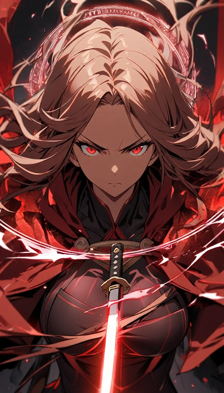 1girl,matured,red curtain hair forehead,small eyes,,long face,glowing katana, ,red glowing eldritch magic circle, serious, perfect body,looking down at the viewer,