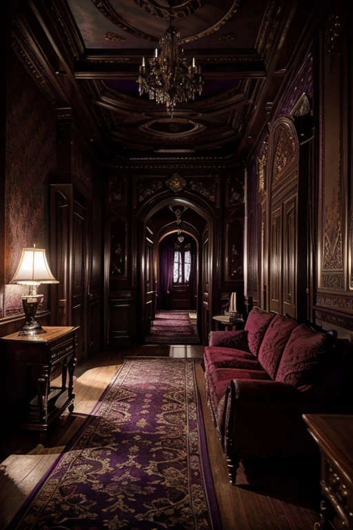 masterpiece, great quality, Very detailed, Intricate, cinematic lighting,Room in the house from the horror movie Rose Red, victorian mansion, aisle, luxury, extravagant, never, lovely, baroque and excessive decoration, delusional, terrifying, Winchester mansion. Purple and violet and red and green tones.