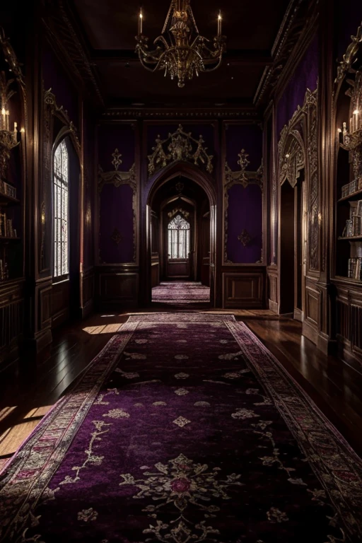 masterpiece, great quality, Very detailed, Intricate, cinematic lighting,Room in the house from the horror movie Rose Red, victorian mansion, aisle, luxury, extravagant, never, lovely, baroque and excessive decoration, delusional, terrifying, Winchester mansion. Purple and violet and red and green tones.