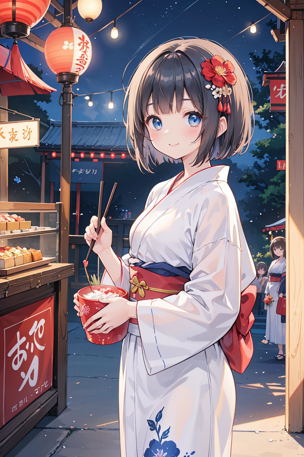 Photorealistic、Highest quality、Highest Resolution、Highest quality、8K、1人のBeautiful woman、Beautiful woman、Beautiful woman、cute、Bob cut hair、Dark Hair Color、Light blue eyes、Floral Yukata、Red yukata、Summer festival、evening、Lots of food stalls、looks fun、smile、