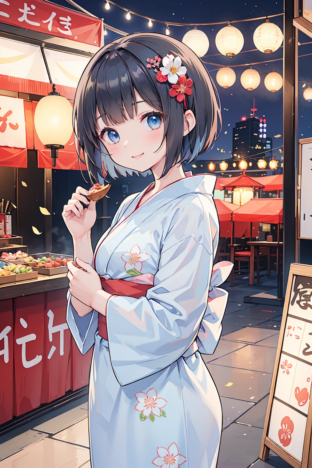 Photorealistic、Highest quality、Highest Resolution、Highest quality、８Ｋ、1人のBeautiful woman、Beautiful woman、Beautiful woman、cute、Bob cut hair、Dark Hair Color、Light blue eyes、Floral Yukata、Red yukata、Summer festival、evening、Lots of food stalls、looks fun、smile、