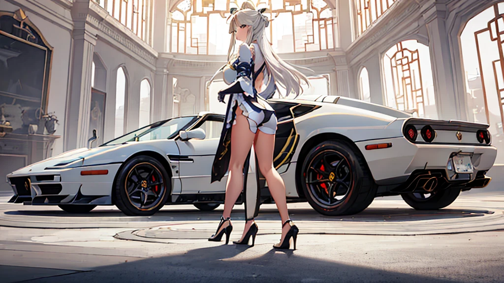 1girl, solo, full body, ningguang from genshin impact stands next to her white vintage Ferrari Testarossa, plain white background, image inspired by genshin impact, highly detailed and intricate details, ningguang_genshin, vintage supercar, looking at viewer, standing, girl standing next to car, masterpiece, best quality, beautiful lighting, wide panoramic shot, white outfit, white color car, absurdres, high res, ultrasharp, 8K, masterpiece, looking at viewer, masterpiece, best quality, (extremely detailed CG unity 8k wallpaper), (best quality), (best illustration), (best shadow), absurdres, realistic lighting, (Abyss), beautiful detailed glow, art by PeterMohrBacher