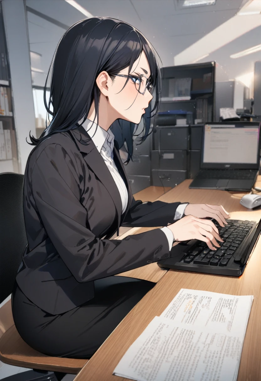 1girl, shimizu kiyoko, haikyuu!!, 35years old,profile,make up,office lady,business suit,black blazer,longsleeve,white collared shirt,black tight skirt,glasses,office,sitting on the desk,typing the computer,in the working,masterpiece, best quality, absurdres,