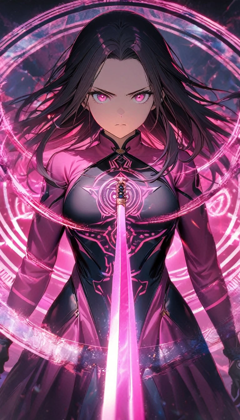 1 girl,forehead hair with pink curtain,shiny katana,glowing pink supernatural magic circle, serious,calm perfect body,8k,High definition,