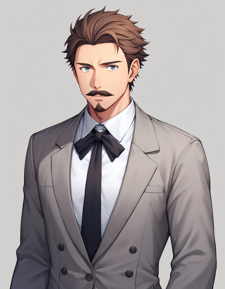 Score_9, score_8_up, score_7_up, source_anime, 1man, mature male, parted bangs, medium-short hair, brown hair, muscular male celeb, short goatee, short mustache, indigo eyes, gentleman, elegant netori male, dark iris, upperwaist, BREAK solo, white collared shirt, gray trench coat, black neck ribbon, in gentle sasaki style, visual novel, 2010s, extreme all detailed, masterpiece, best quality
