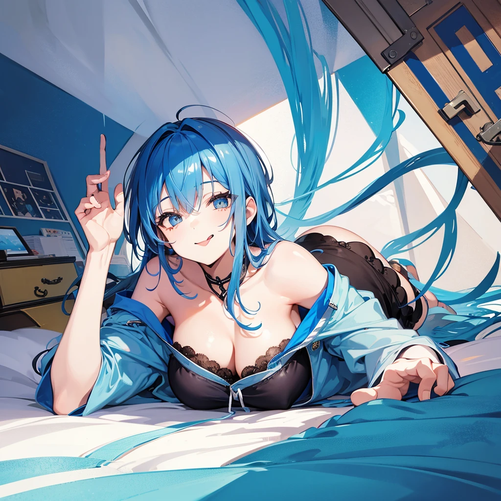 A blue-haired boy Lying down Illustration smiling, Sticking out tongue, Wide-angle shot,