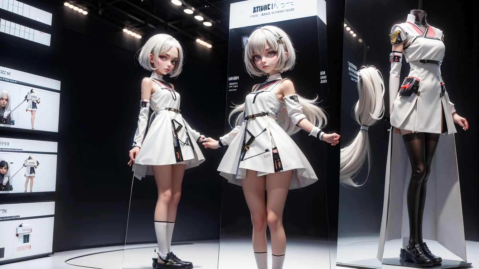 cute Japanese girl in a gaming dress ,  layered bob hair style,., white hairs,, white dress, gaming , smiling face, short dress full straight standing pose, 14yo student, , Full body, modern girl, games girl, Simple white background,, Concept art, design sheet, HD, full body, standing, modern futuristic dress, front view
