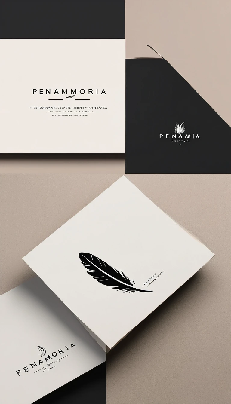 A minimal, modern, simple, cinematic logo design for the brand “Penamemoria". Create a modern, minimalistic, high-quality, logo of a feather that convey a sense of memories and dreams