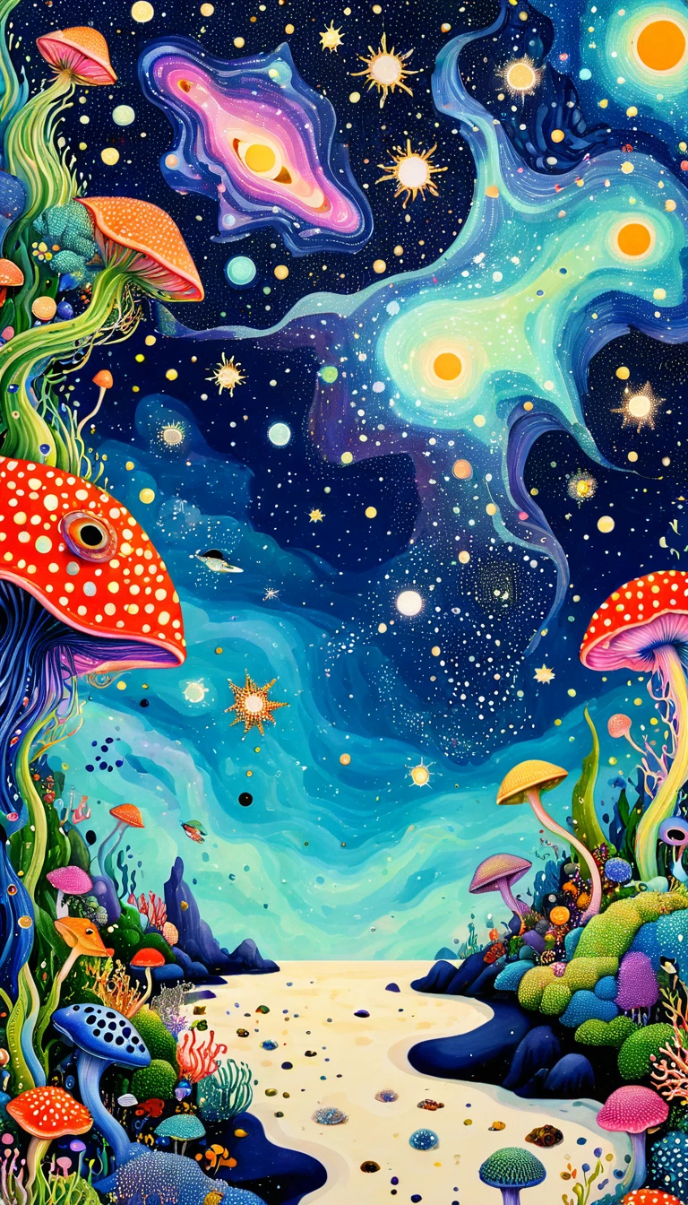 plantar、Marine life、Ojo、Starry sky,An abstract painting in the joint,Describing the inner world of autistic people,Sense of space,blank space,Pointillism method,psychedelic art,interesting:1.5。Trypophobia
