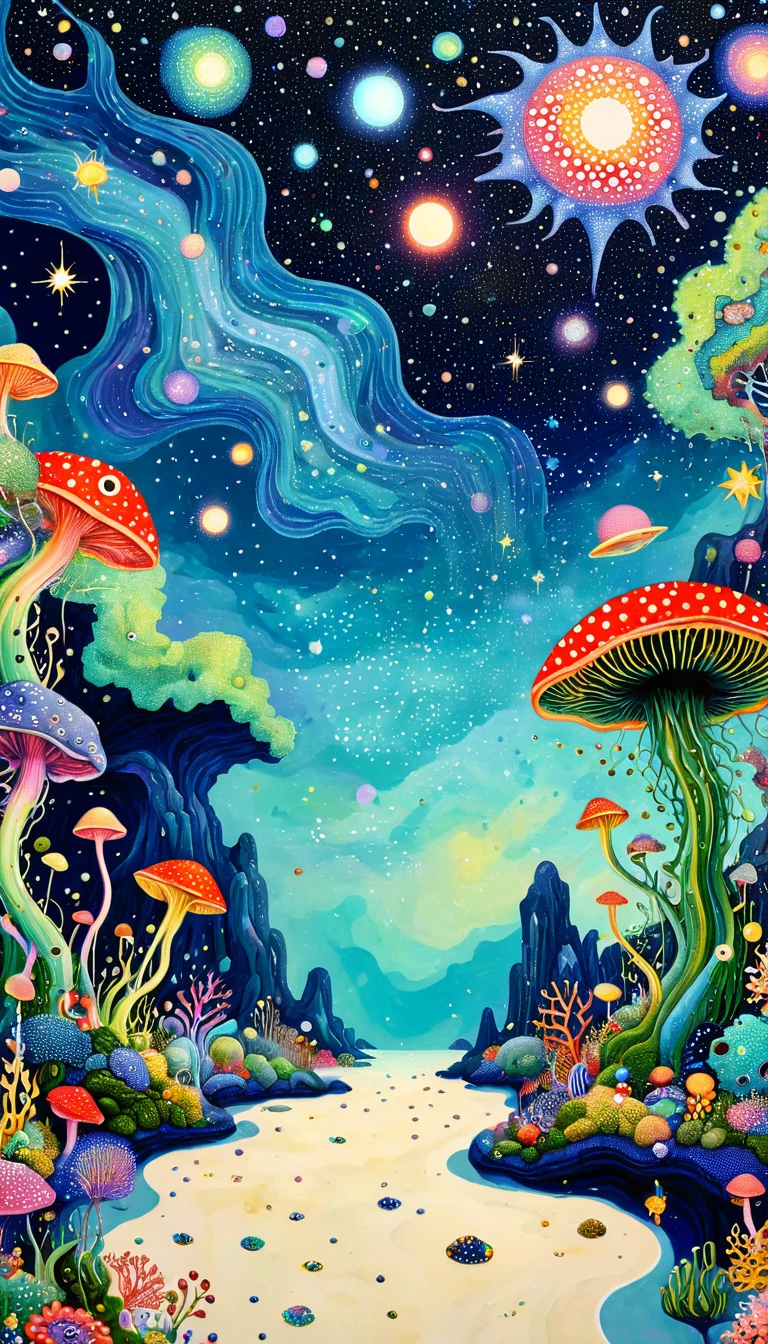 plantar、Marine life、Ojo、Starry sky，An abstract painting in the joint，Describing the inner world of autistic people，Sense of space，blank space，Pointillism method，psychedelic art，interesting：1.5。Trypophobia