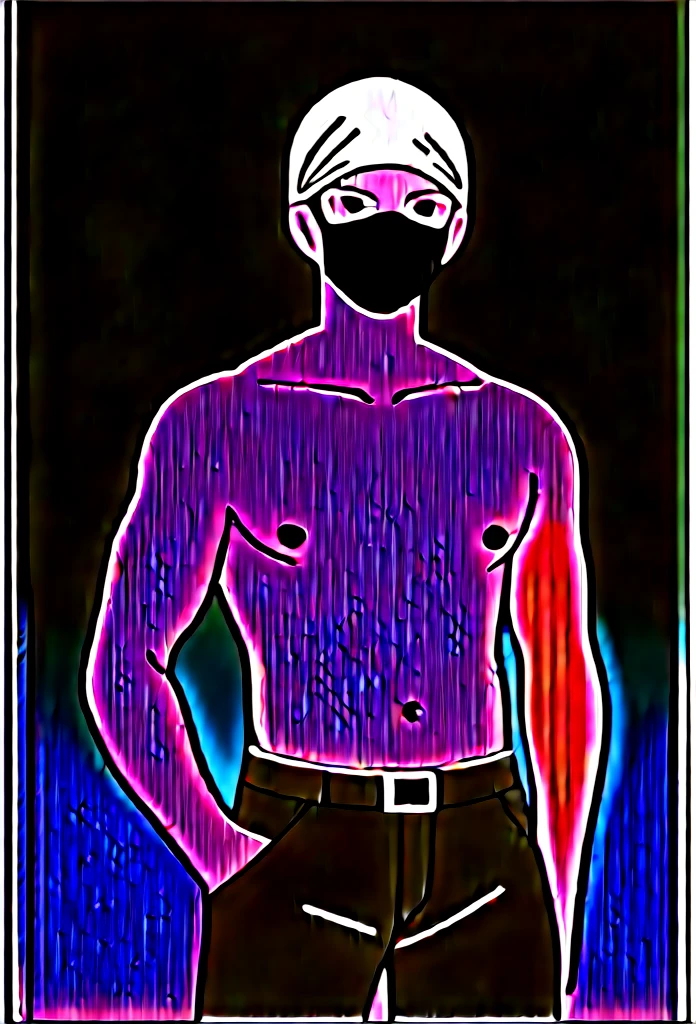 masterpiece, best quality, male, (masked face, full mask, covered face), black visor, white bandana, gray hair, short hair, spiky hair, mature body, muscular body, mechanic pants, tool belt, toolkit belt, workshop, tattoos, covered in tattoos, dragon tattoo, holding hammer
