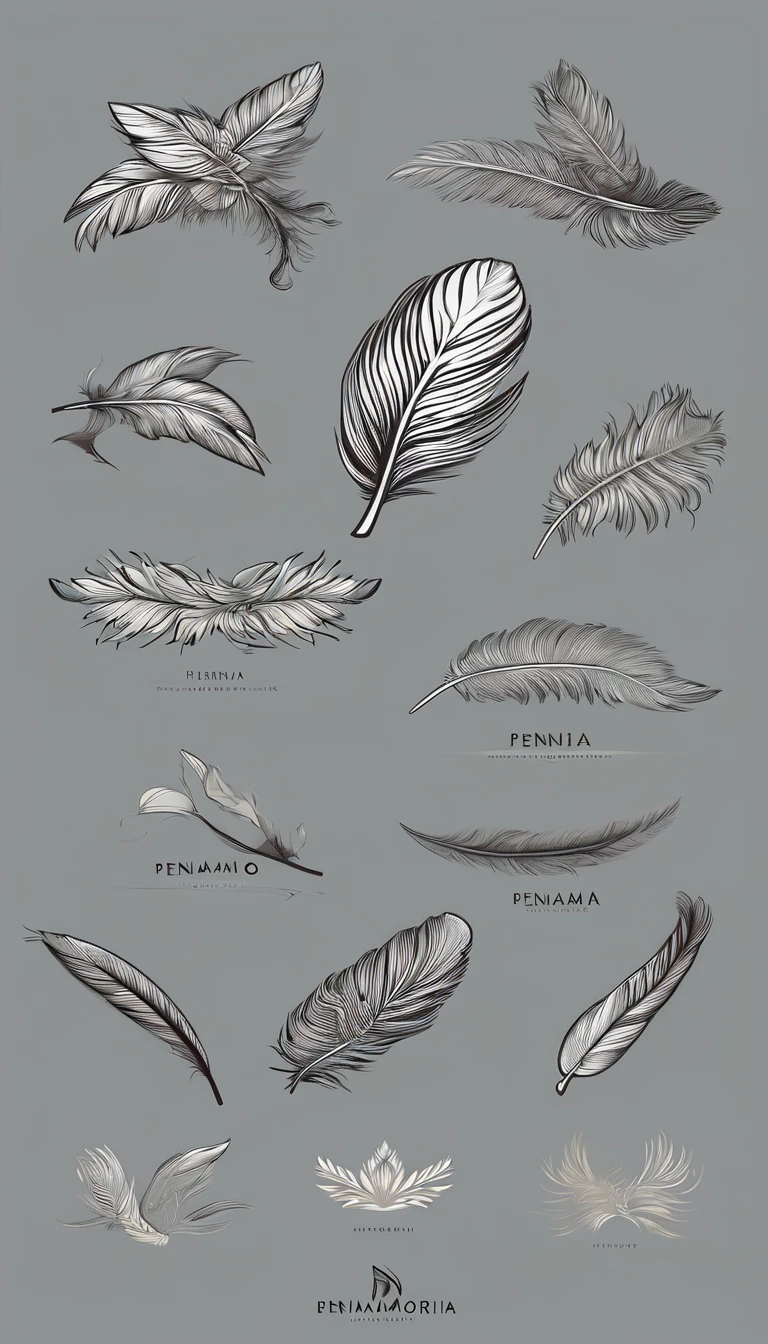 A minimal, modern, simple, cinematic logo design for the brand “Penamemoria". Create a modern, minimalistic, high-quality, masterpiece, fantastic, poetic feather that symbolizes dreams and stories.