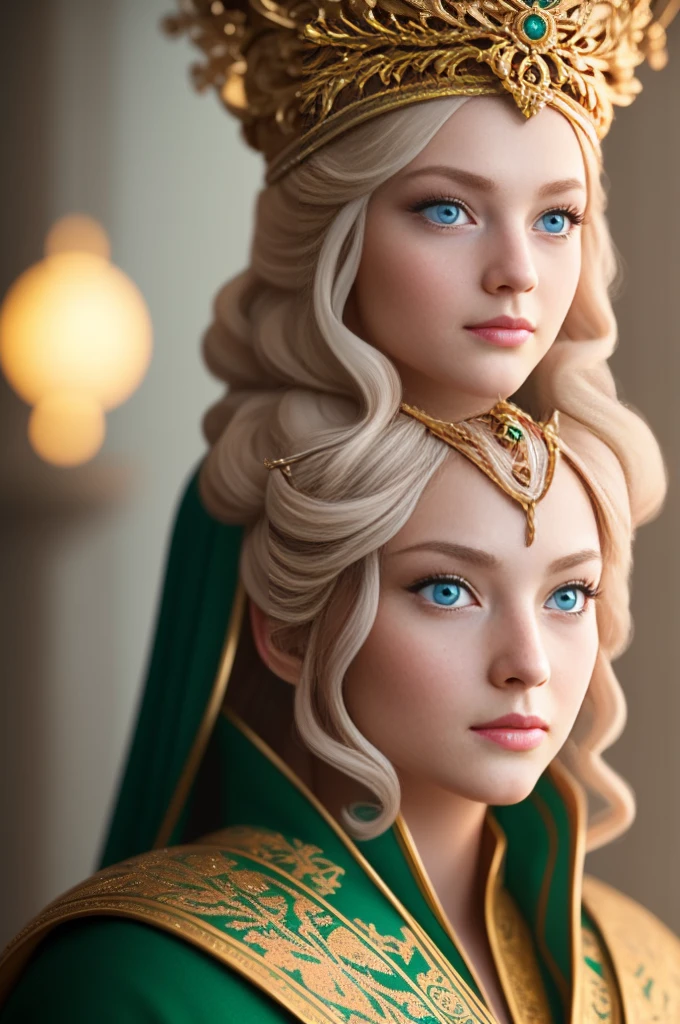 a beautiful empress portrait, blonde hair, perfect blue eyes, with a brilliant, impossible striking big Christmas headpiece, clothes Santa robes, everything Christmas, snow, symmetrical, dramatic studio lighting, rococo, baroque, greens, asian, hyperrealism, closeup, D&D, fantasy, intricate, elegant, highly detailed, digital painting, artstation, octane render, 8k, concept art, matte, sharp focus