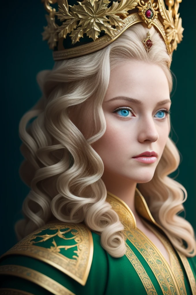 a beautiful empress portrait, blonde hair, perfect blue eyes, with a brilliant, impossible striking big Christmas headpiece, clothes Santa robes, everything Christmas, snow, symmetrical, dramatic studio lighting, rococo, baroque, greens, asian, hyperrealism, closeup, D&D, fantasy, intricate, elegant, highly detailed, digital painting, artstation, octane render, 8k, concept art, matte, sharp focus