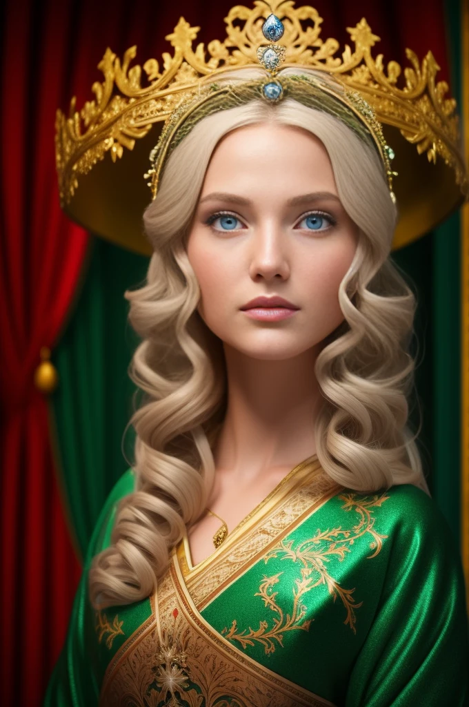 a beautiful empress portrait, blonde hair, perfect blue eyes, with a brilliant, impossible striking big Christmas headpiece, clothes Santa robes, everything Christmas, snow, symmetrical, dramatic studio lighting, rococo, baroque, greens, asian, hyperrealism, closeup, D&D, fantasy, intricate, elegant, highly detailed, digital painting, artstation, octane render, 8k, concept art, matte, sharp focus