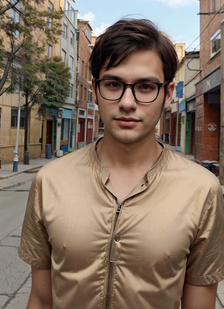 Dark-haired man with short hair, with glasses, slim handsome young man about 25 years old taking selfie realistic 18k, in a street, high quality background