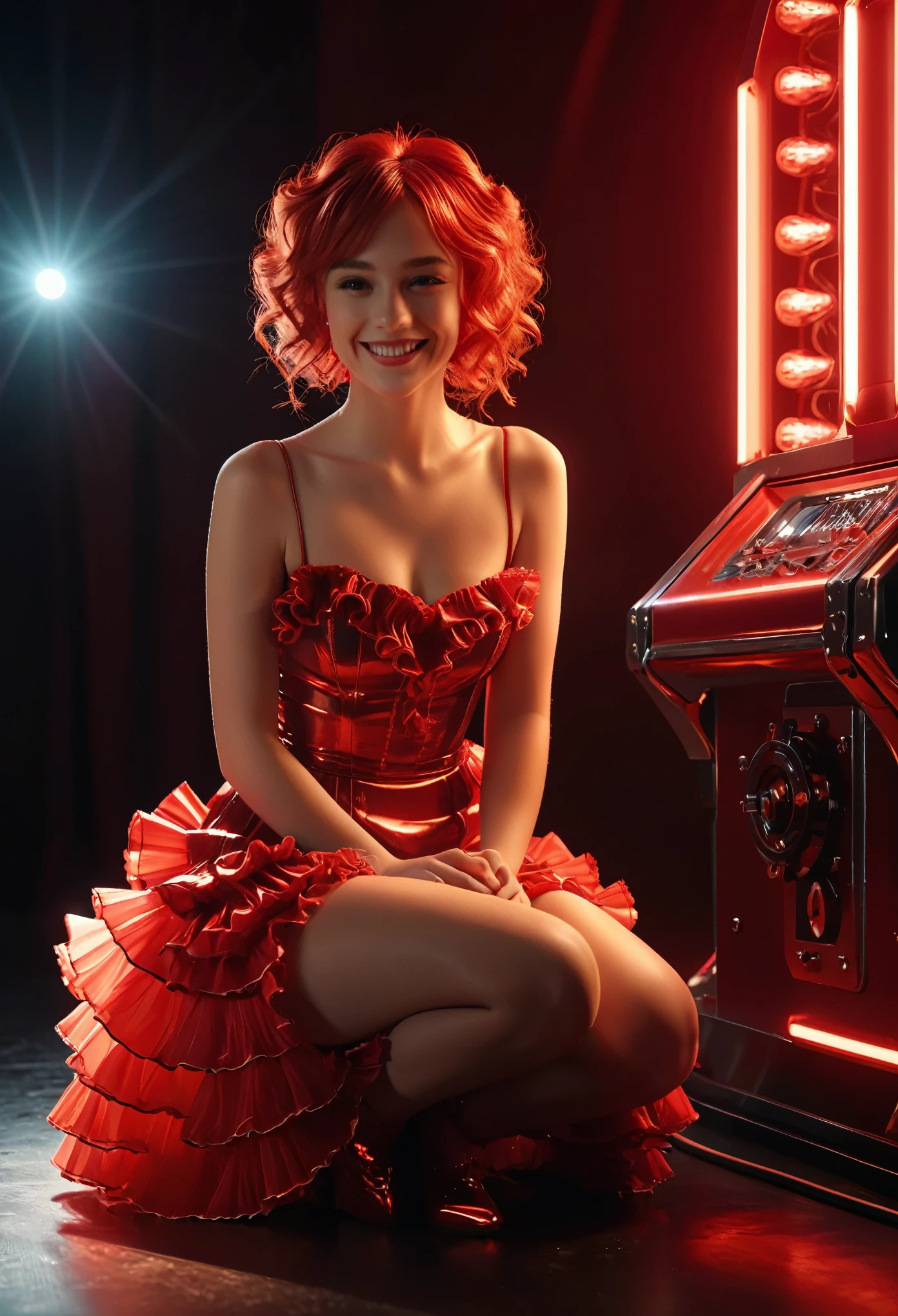 highly detailed, 8k, masterpiece, One girl, red frills_hair_tube, dress, bend_that's all , Grin, (perfection_face), Sitting, machine, Brilliant, Complex, Dramatic lighting, 4K, detailed_background, Caustics, full_body, (Surreal:1.3), bloom,(Beautiful lighting:1.3), Caustics, Dynamic Lighting, Beautiful lighting, (Dakota Fanning:0.5) 