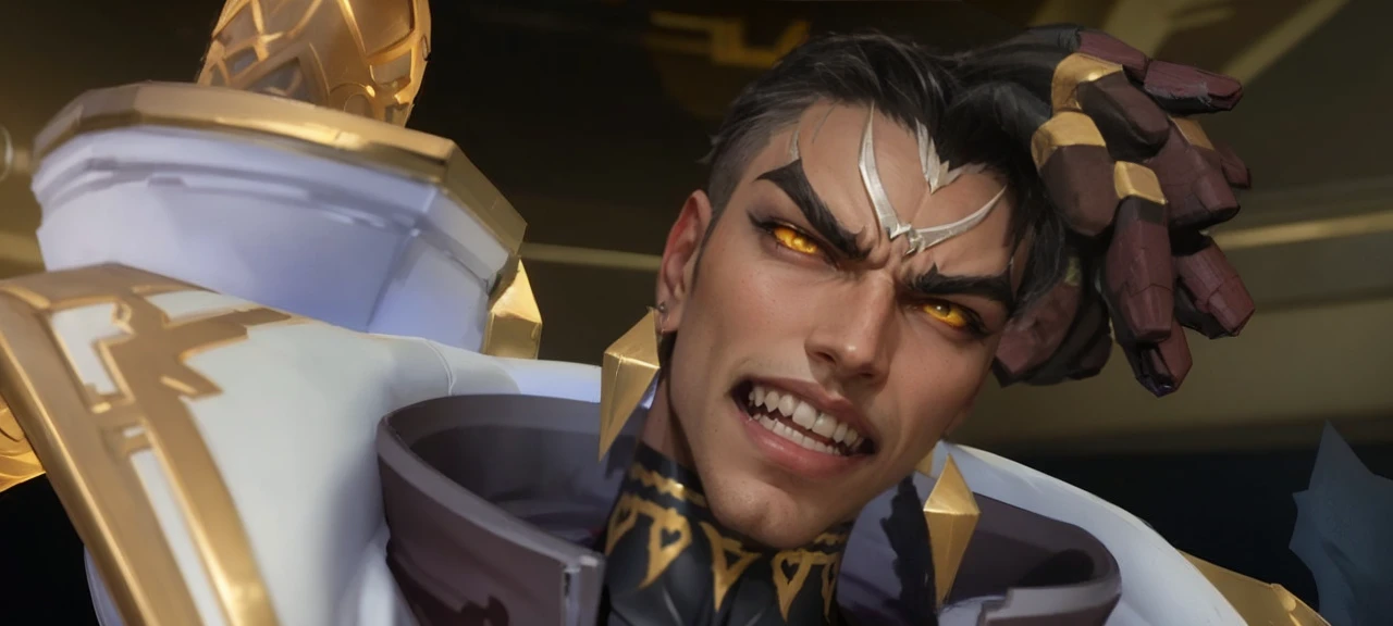Anime villain, realistic, 1 boy, cool, heandsome, 8k quality,yellow eyes, brody from mobile legends