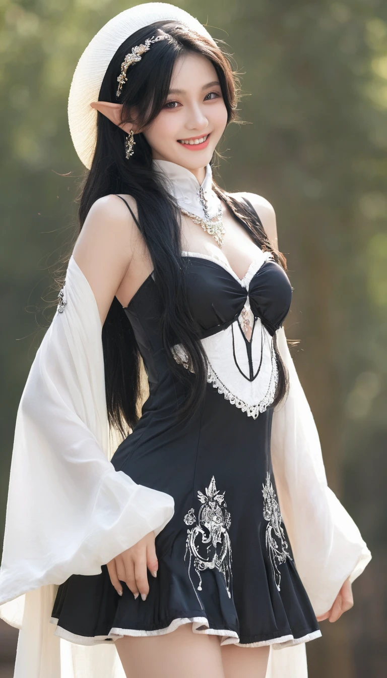 ((highest quality)), ((masterpiece)), (be familiar with), perfect face, gorgeous dress, wide open chest, black hair, rich hair, detailed fingertips, looking here, Upper body, shiny hair, Beautiful smile, white skin, High resolution, glittering costumes, standing position, mature adult woman, elf, pointy ears, Wide-brimmed hat, Put a Paisley scarf around her neck, At the Night club