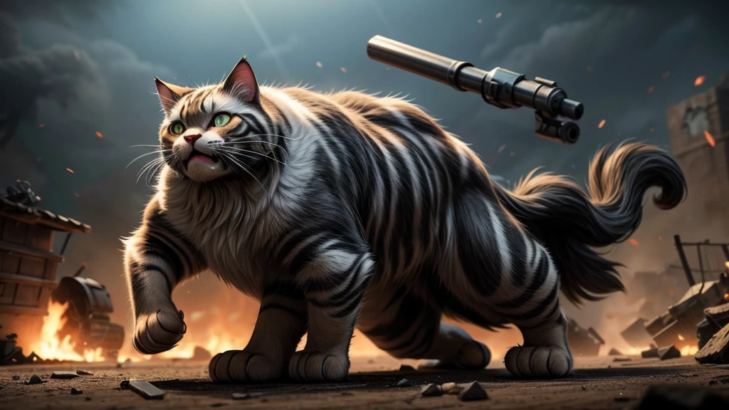 a gigantic cat,a sniper riding on its back,fighting on the battlefield,highly detailed,8k,photorealistic,dramatic lighting,cinematic composition,epic scale,intense action,powerful feline muscles,fur with intricate details,intense feline eyes,feline agility and grace,dark moody atmosphere,gritty war-torn environment,realistic texture,3d rendering,concept art style