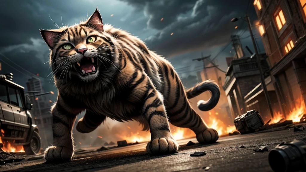 a giant cat, nekomata, startling a girl, beautiful detailed eyes, beautiful detailed lips, extremely detailed eyes and face, long eyelashes, portrait, intricate details, highly detailed, hyper realistic, 8k, masterpiece, dramatic lighting, moody atmosphere, eerie, surreal, supernatural, fantasy, cinematic, vivid colors, chiaroscuro