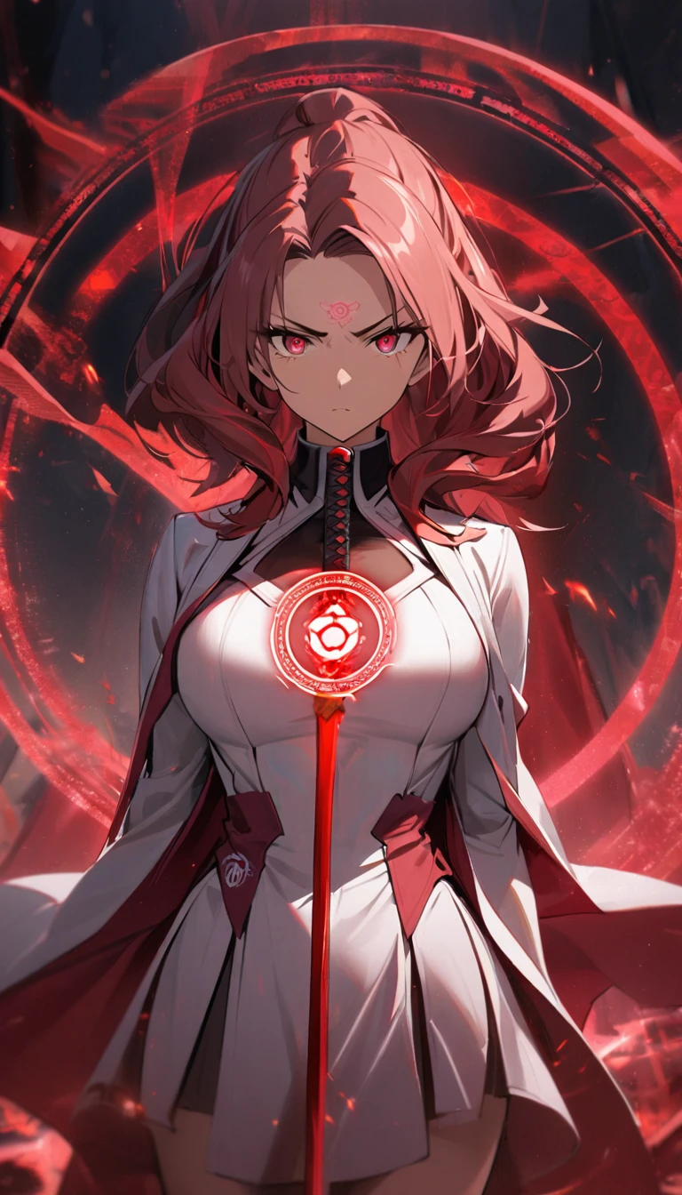 1girl,matured,red curtain hair forehead,small eyes,,long face,glowing katana, ,white blazer with logo,white high waist skirt,red glowing eldritch magic circle, serious, perfect body,looking down at the viewer,
