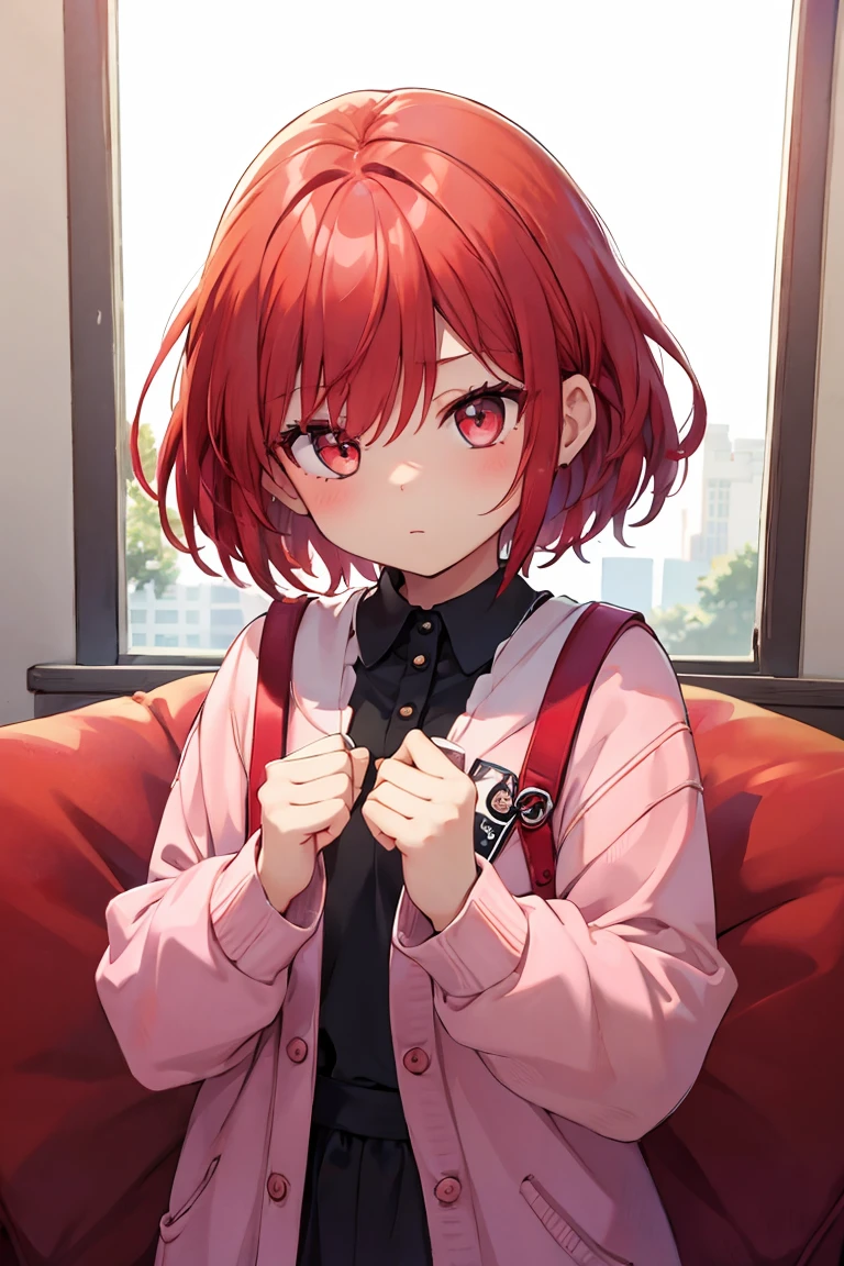 1 girl, 12 years, Red hair, reddish eyes,