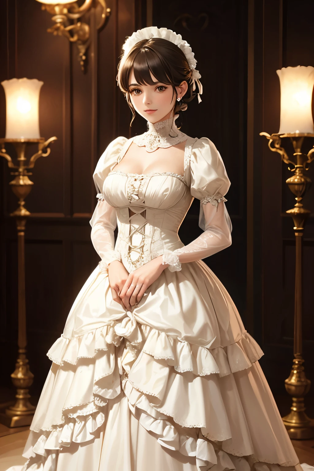 A gorgeous Victorian-era ball gown decorated with delicate lace and lush frills., In the background is a glamorous ball scene.