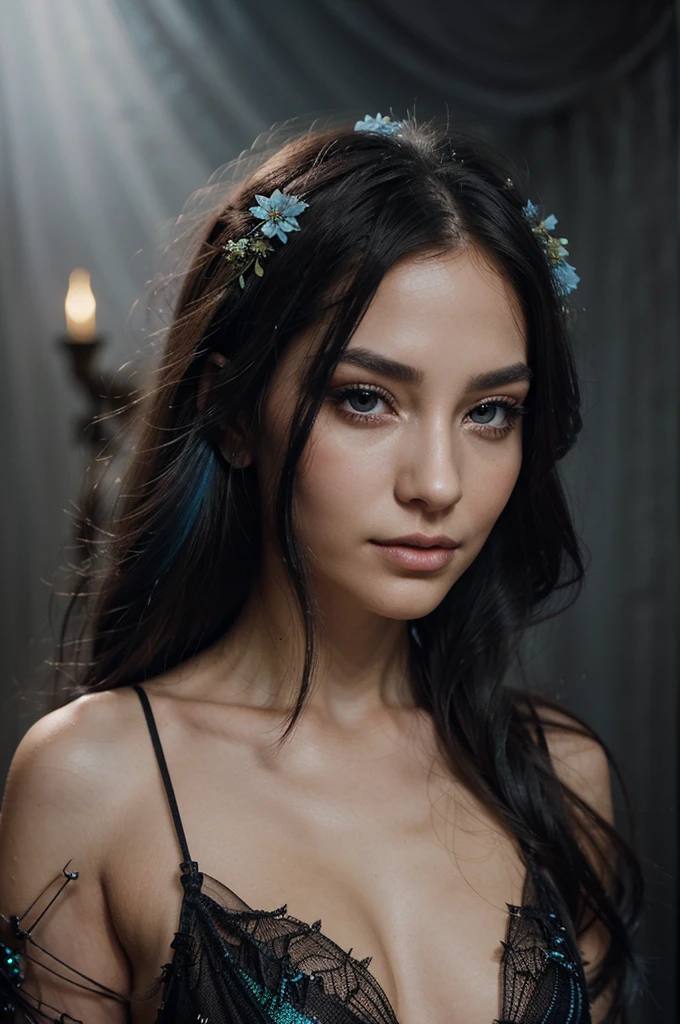 A girl with long blue hair. Her face is exquisite, with high cheekbones and smooth fair skin. Her large black eyes, framed by long thick eyelashes, are impressive and expressive, radiating calmness and confidence. Well-defined eyebrows curve gracefully above her eyes, adding intensity to her gaze. She has a small, straight nose and full, slightly parted lips that curve into a slight smile, revealing hints of mischief and allure. Her sharp, well-defined jawline gives her face a refined and elegant appearance. Photorealism of a fairy with large, detailed wings with a net-like structure and an iridescent sheen, giving them an almost holographic appearance. Her hair is styled with flowers and crystal embellishments which add to her ethereal beauty. The dark, foggy background gives the feeling of a mysterious or enchanted realm, enhancing the fairy's otherworldly presence. The overall atmosphere is one of dark fantasy and delicate beauty.