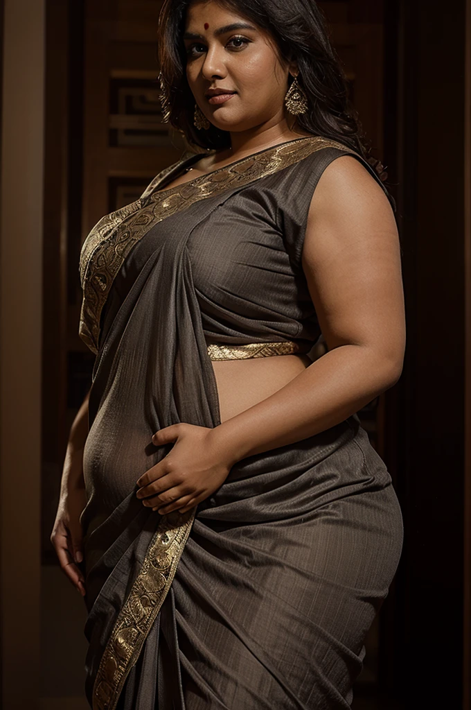 A indian plus size sexy aunty wearing dark grey blouse and dark red saree , she has big wide belly and fat legs