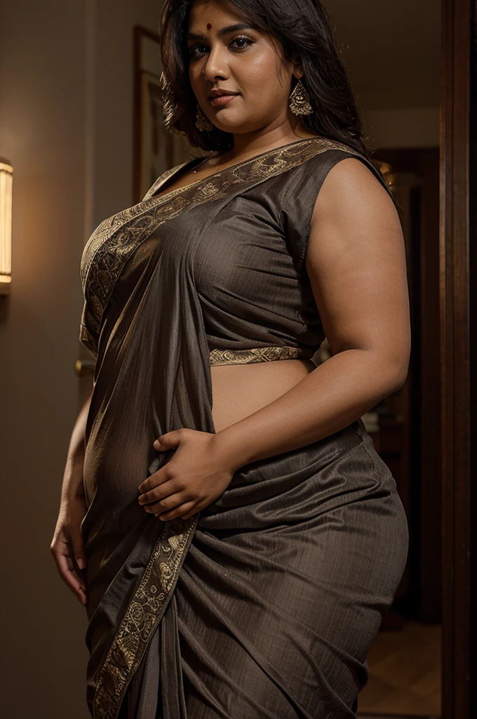 A indian plus size sexy aunty wearing dark grey blouse and dark red saree , she has big wide belly and fat legs