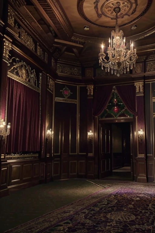 masterpiece, a lot of beauty,great quality, Very detailed, Intricate, cinematic lighting,Room in the house from the horror movie Rose Red, victorian mansion, aisle, luxury, extravagant, never, lovely, baroque and excessive decoration, delusional, terrifying, Winchester mansion. Purple and violet and red and green tones.