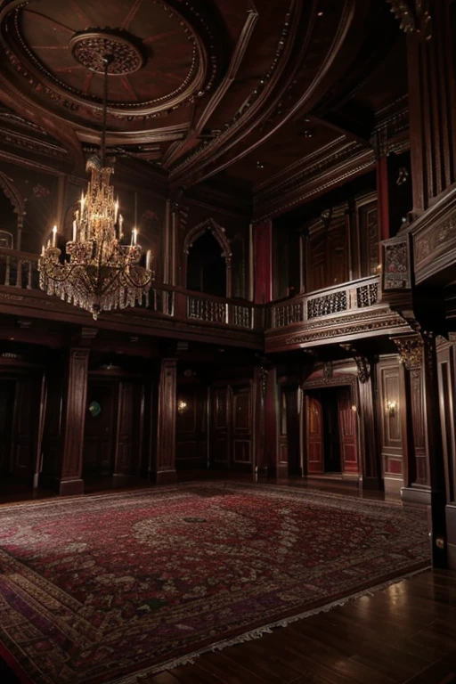 masterpiece, a lot of beauty,great quality, Very detailed, Intricate, cinematic lighting,Room in the house from the horror movie Rose Red, victorian mansion, aisle, luxury, extravagant, never, lovely, baroque and excessive decoration, delusional, terrifying, Winchester mansion. Purple and violet and red and green tones.