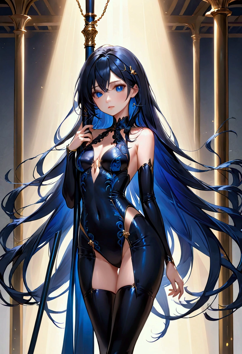 long black hair with inner dark blue hair, dark blue eyes, tall pole shaped body,