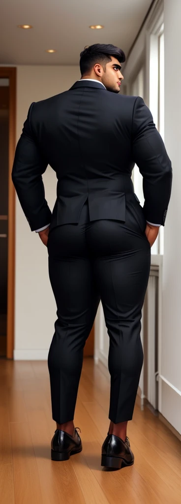 4 meter tall slightly overweight indian men. 20 years old. Childish Young hairless fresh face. In london with friend. Very sexy Posing for camera. Muscular. Wearing a tight black and office suit . Big booty boy. Smooth body and face. Belly seen. Long long legs. Bending. View from the back. Grining