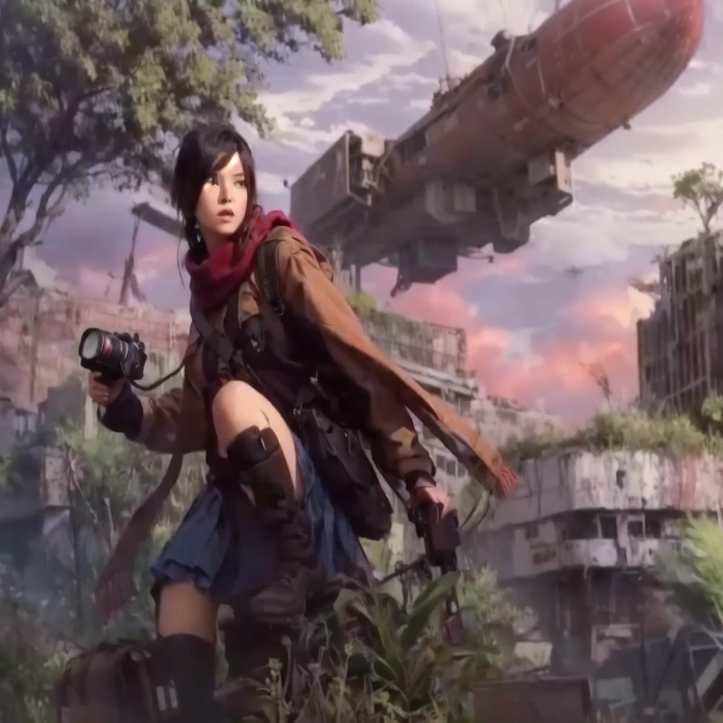 girl holding a camera, a large blimp in the background, postapocalyptic explorer with red scarf, brown sweater and blue skirt.