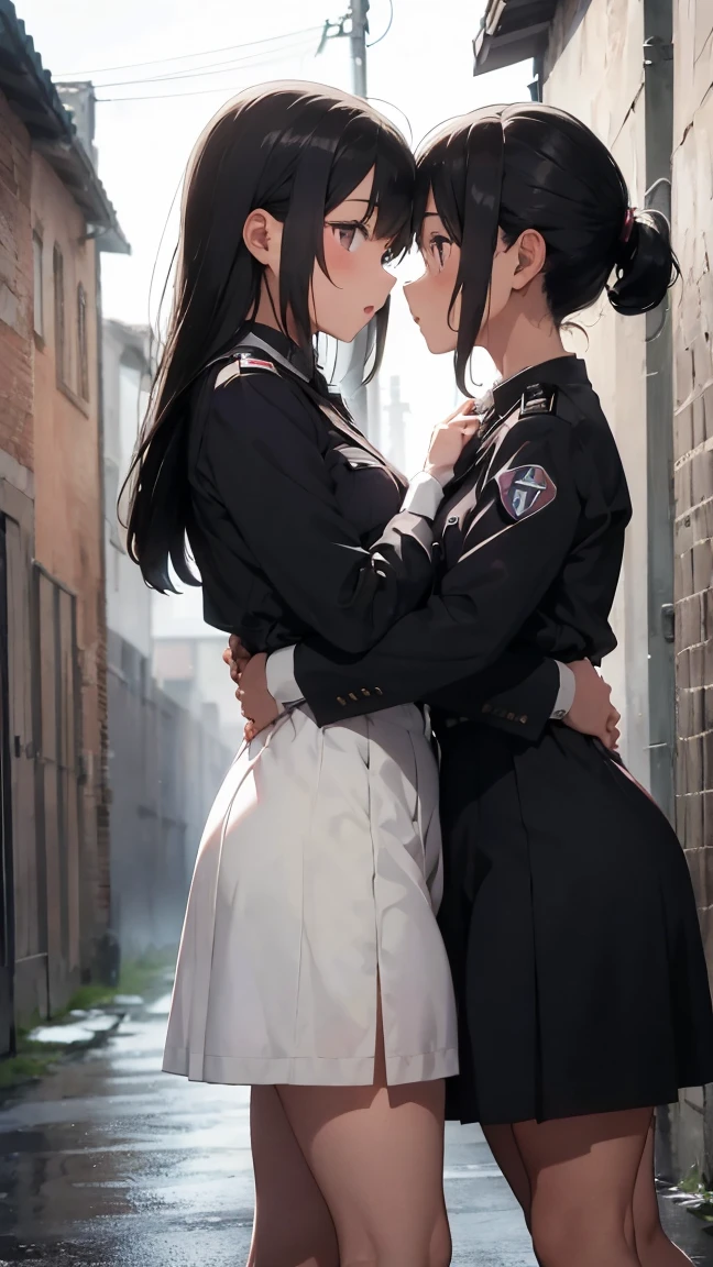 Gestapo uniform, female lesbian kawaii sisters kissing in Auschwitz concentration camp, wearing SS uniforms. 8k. masterpiece. best quality. best artwork