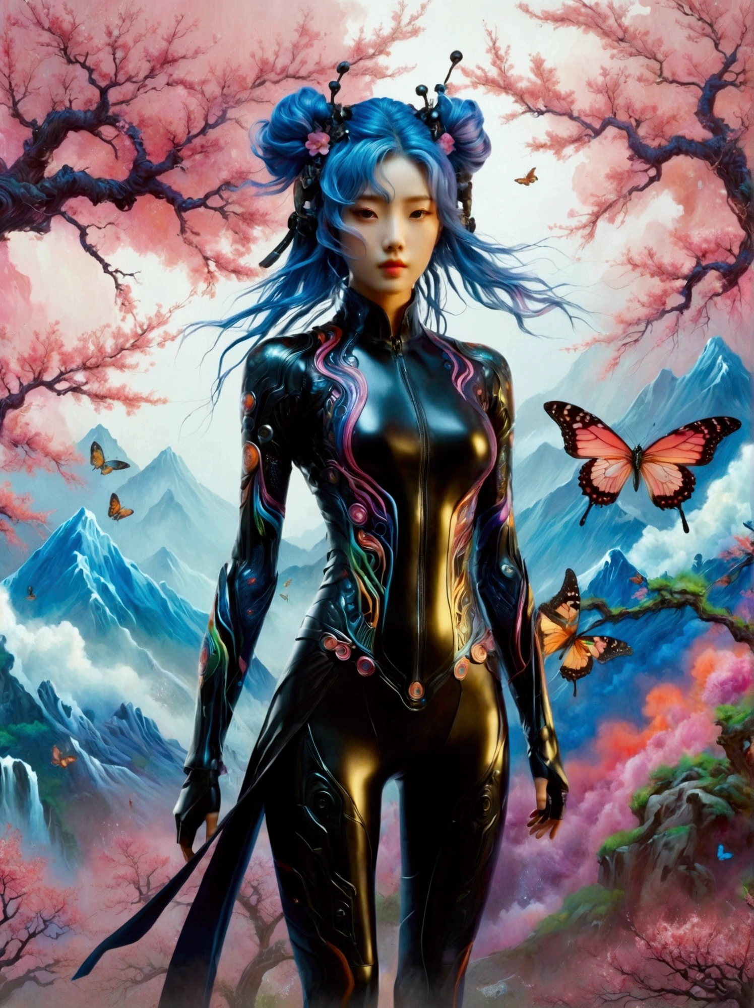 ((Imagine)),((whole body)),1 girl, Wearing a black cheongsam,Arms and Legs,手持电动步枪的Cyberpunk美女,Standing under a cherry tree with pink flowers in full bloom,(Mechanical ceramic high heels:1.5 ),Empty mountain motorcycle style oil painting,in the style of futuristic,Cyberpunk,High Detail, Top quality,Official Art,(Aesthetics and aesthetics:1.2),(Fractal Art:1.3),(Facial features of Korean girls:1.8),(Front view:1.9),(以广角镜头拍摄whole body的顶级摄影师作品:1.5),Looking at the audience,(Rainbow hair,Hair color,Half blue and half pink hair:1.2),masterpiece,Best quality,Anatomically correct,Textured Skin,Super Detail,8k,high resolution,Vibrant colors, Thick Line, wave, Multi-layer, prospect, view, fractal thunder dan mumford , Dan Mumford and Alex Grey Styles, Inspired by Cyril Rolando,Psychedelic Surreal Art, Surreal psychedelic design, Dream Art Style, Psychedelic Art, Infinite psychedelic waves