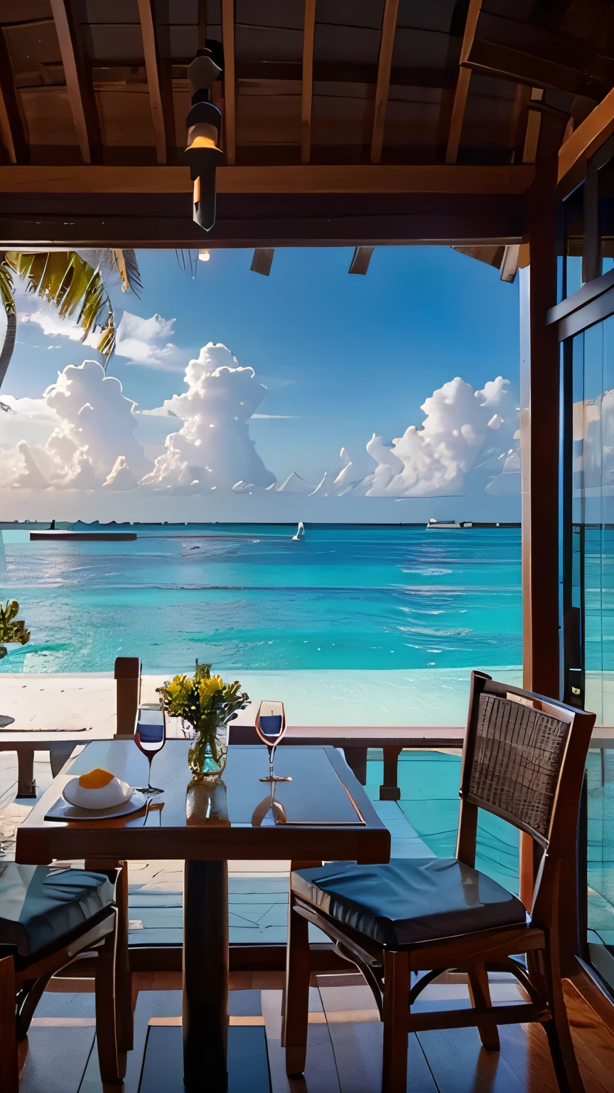 Generate a photo in a restaurant in the Maldives on the ocean shore; the photo should have a beautiful local view and a little visible table set